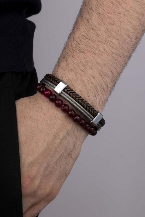 Bordo Renkli Ceyt Taşı Bordo Geçişli Örgü Model Erkek Deri ve Doğal Taş Bileklik Kombini Bileklik