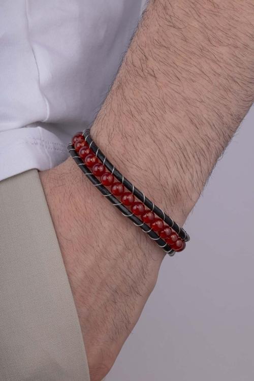 Kırmızı Akik Taşlı Deri Geçişli Erkek Doğal Taş Bileklik