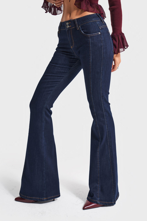 Kadın İndigo Renk 7w5-50 Midrise Flare Fit Esnek Elastan Kumaş Orta Bel Denim Jean