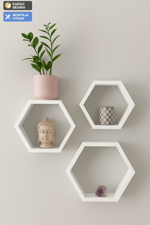 Modern Altıgen Ahşap Raf Takımı – 3’lü