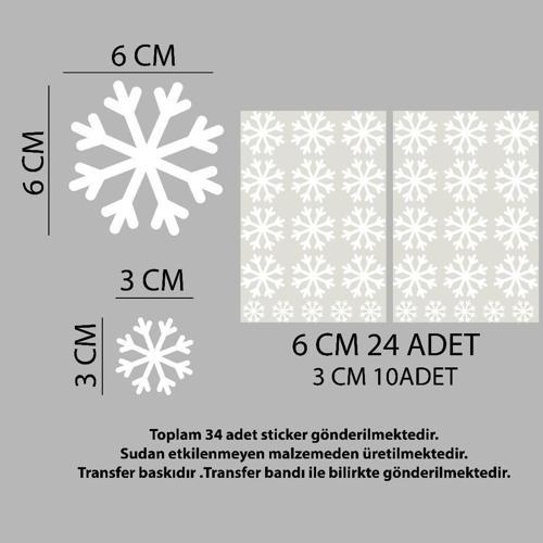 Beyaz Kar Tanesi Cam Sticker Yılbaşı Dekoru/Sticker-Kartanesi Cam Vitrin Süsleme Etiket 34 adet-KRTNS2