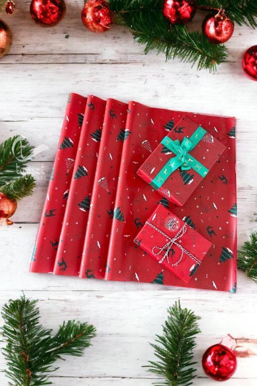 Yılbaşı Çam Geyik Desenli Pelur Kağıt , Kırmızı Yılbaşı Hediye Paketi, Pelur Kağıdı, Yeni Yıl Paketleme 10 Adet-T639