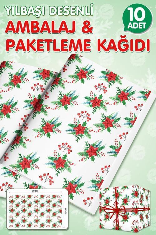 Yılbaşı Kokina Temalı Hediye Paketi Yeni Yıl Paketleme Kağıdı 50x70cm 10 Adet-T1041