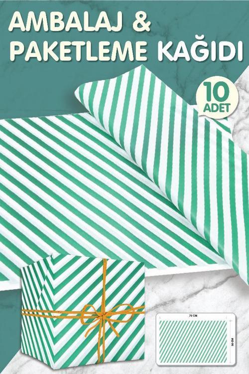 Yeşil Beyaz Verev Çizgili Hediye Paketi, Yılbaşı Paketleme Kağıdı, Ambalaj 50x70 Cm 10 Adet-T357