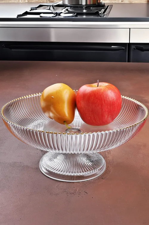 Cam Ayaklı Gold Şeritli Cam Meyvelik 24,5 Cm