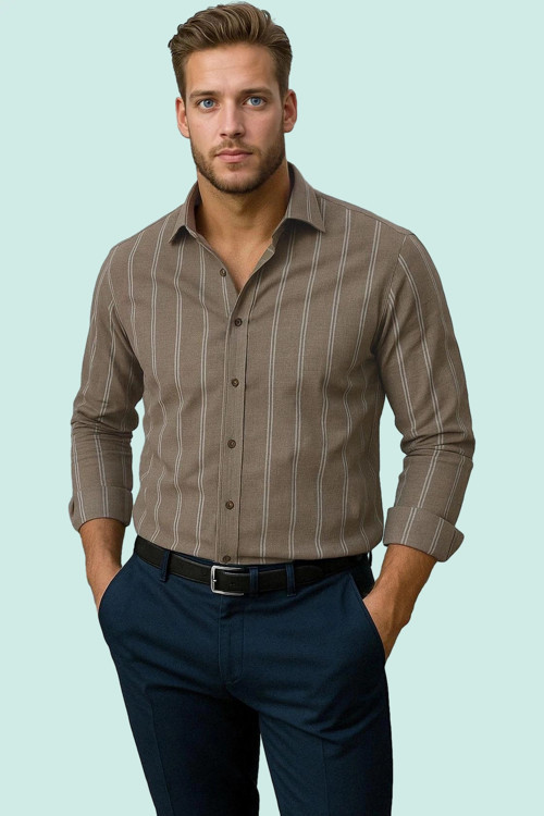 Erkek Slim Fit İnce Çizgili Gömlek Yaka Düğmeli Uzun Kollu Günlük Yaz Aylarının Vazgeçilmezi