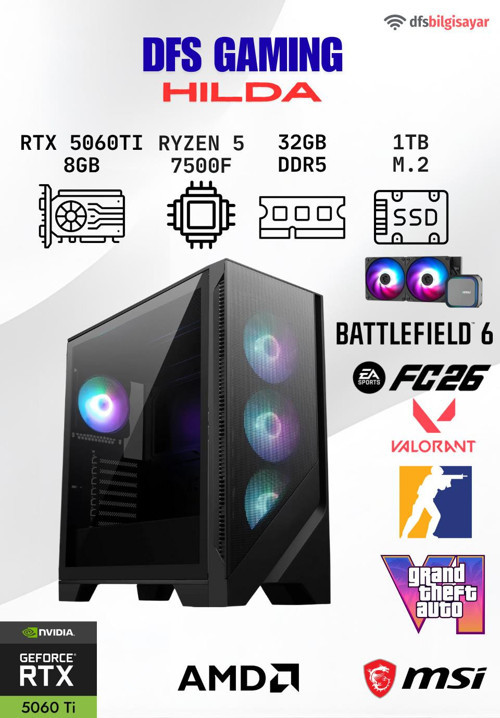 DFS GAMING HILDA RYZEN 5 7500F-B650M-RTX 5060 TI 8GB -32GB DDR5 RAM-1TB M.2 SSD-OYUNCU BİLGİSAYARI