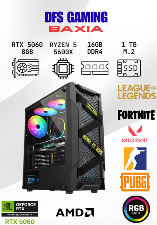 DFS Gaming BAXIA RYZEN 5 5600X-A520M-RTX 5060 8GB-16GB RAM-1TB NVME M.2 SSD-OYUNCU BİLGİSAYARI