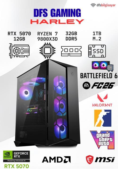DFS GAMING HARLEY RYZEN 7 9800X3D-B650M-RTX 5070 12GB-32GB DDR5 RAM-1TB M.2 SSD-OYUNCU BİLGİSAYARI