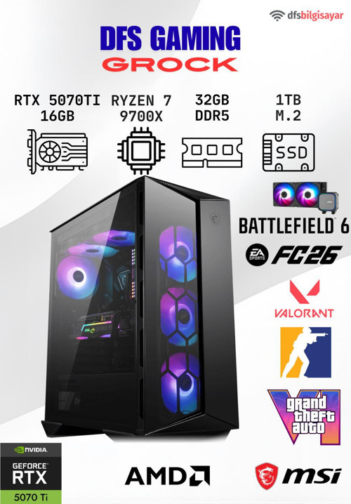 DFS GAMING GROCK RYZEN 7 9700X-B650M-RTX 5070 TI 16GB-32GB DDR5 RAM-1TB M.2 SSD-OYUNCU BİLGİSAYARI