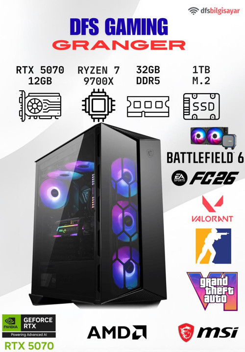 DFS GAMING GRANGER RYZEN 7 9700X-B650M-RTX 5070 12GB-32GB DDR5 RAM-1TB M.2 SSD-OYUNCU BİLGİSAYARI