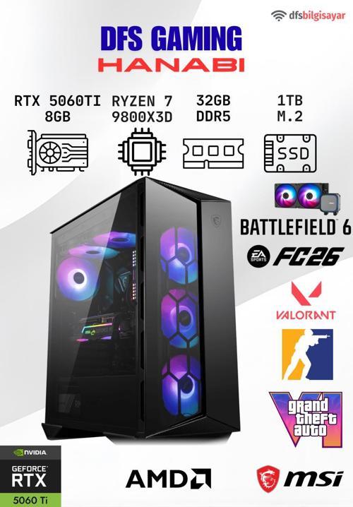 DFS GAMING HANABI RYZEN 7 9800X3D-B650M-RTX 5060 TI 8GB-32GB DDR5 RAM-1TB M.2 SSD-OYUNCU BİLGİSAYARI