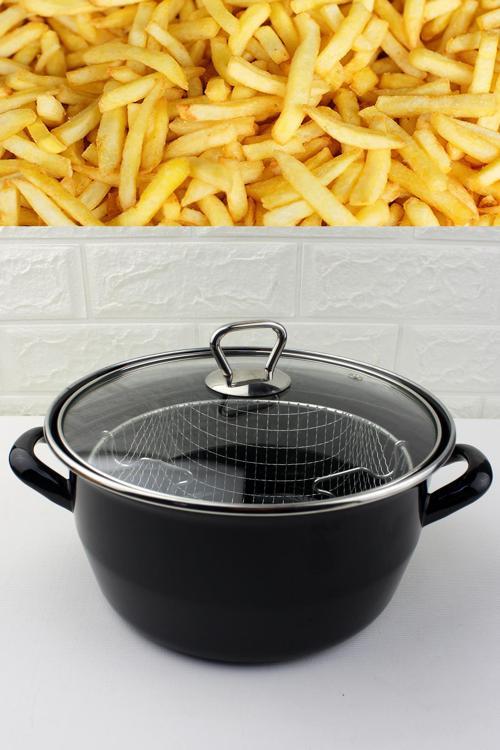 Kalın Emaye Kızartma Tenceresi Fritöz 22cm Cam Kapaklı