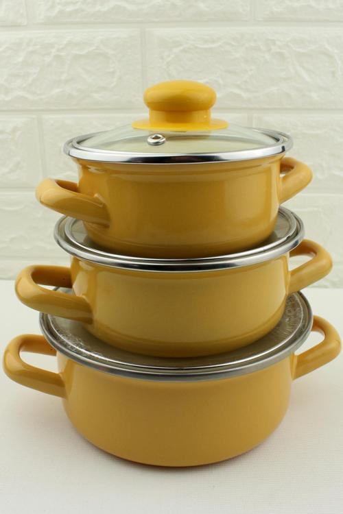 3 lü Lüks Emaye Mini Tencere Seti Sarı 12/14/16cm