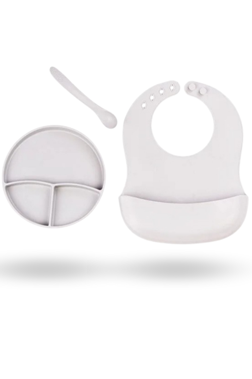 Büro Ev Ofis Bebek Beslemesi için 3PARÇA Gri Silikon Önlük Vakumlu Tabak Kaşık Yemek Seti