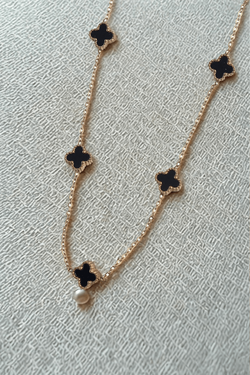 Zarif Kadın için Golden Çelik Mini Siyah Mineli Yonca Kolye