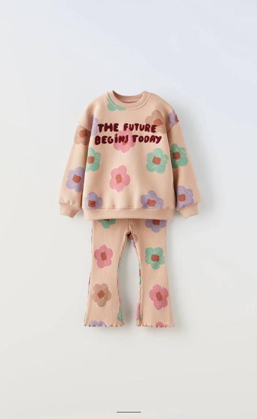 Kız Çocuk Eşofman Takımı – Çiçek Baskılı, “The Future Begins Today” Yazılı, 3 İplik Şardonlu