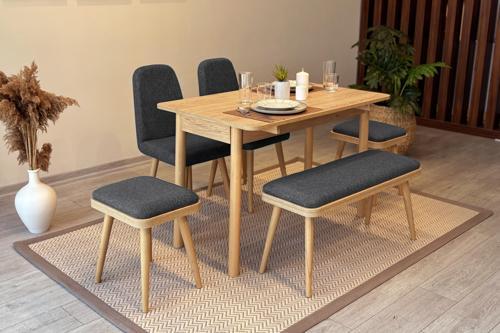 MİORA MİNİ AÇILIR MUTFAK MASA TAKIMI, KARİNA MEŞE ANTRASİT(1 Masa + 2 Sandalye + 2 Tabure + 1 Bench)