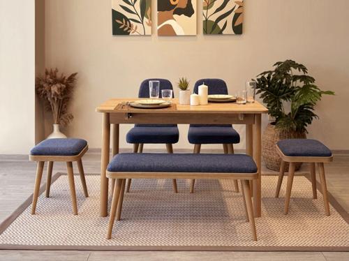 MİORA MİNİ AÇILIR MUTFAK MASA TAKIMI, KARİNA MEŞE LACİVERT ( 1 Masa +  4 Sandalye )