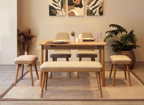 MİORA MİNİ AÇILIR MUTFAK MASA TAKIMI, KARİNA MEŞE KREM ( 1 Masa + 2 Bench +  2 Tabure )