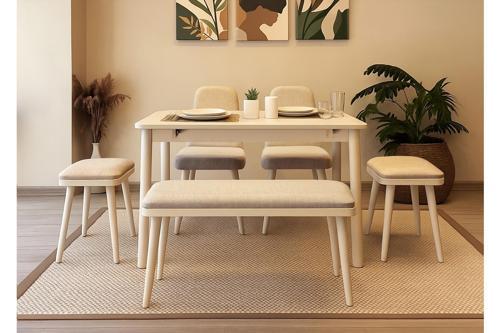 MİORA MİNİ AÇILIR MUTFAK MASA TAKIMI, SEDEF KREM KREM(1 Masa + 2 Sandalye + 2 Tabure + 1 Bench)