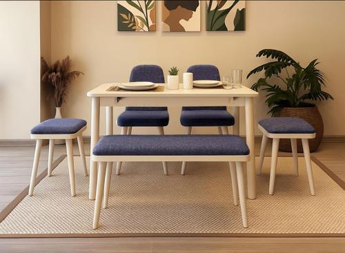 MİORA MİNİ AÇILIR MUTFAK MASA TAKIMI, SEDEF KREM LACİVERT(1 Masa + 2 Sandalye + 2 Tabure + 1 Bench)