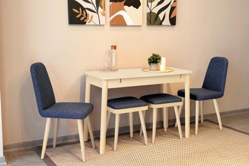 MİORA MİNİ AÇILIR MUTFAK MASA TAKIMI, SEDEF KREM LACİVERT ( 1 Masa +  4 Sandalye )
