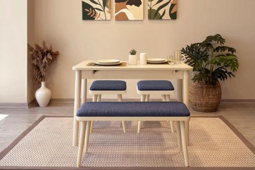 MİORA MİNİ AÇILIR MUTFAK MASA TAKIMI, SEDEF KREM LACİVERT ( 1 Masa + 2 Bench +  2 Tabure )