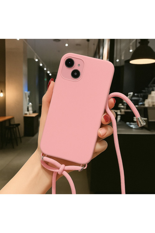 İphone 14 Uyumlu İpli Boyun Askılı Silikon Kılıf Kadife İç Yüzeyli Epiphany Kılıf Pembe