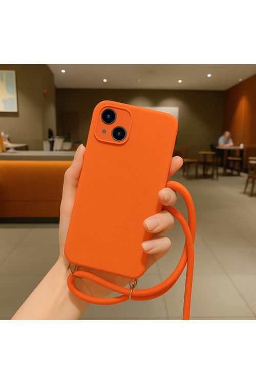 İphone 14 Uyumlu İpli Boyun Askılı Silikon Kılıf Kadife İç Yüzeyli Epiphany Kılıf Turuncu