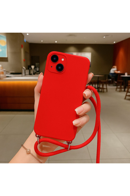 İphone 14 Uyumlu İpli Boyun Askılı Silikon Kılıf Kadife İç Yüzeyli Epiphany Kılıf Kırmızı