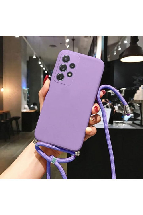 İphone 13 Pro Uyumlu İpli Boyun Askılı Silikon Kılıf Kadife İç Yüzeyli Epiphany Kılıf Lila