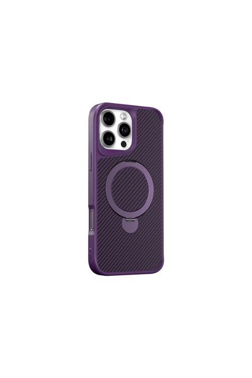 İphone 15 Plus Uyumlu Kılıf Karbon Fiber Görünümlü Magsafe Uyumlu Stand Olabilen Carbon