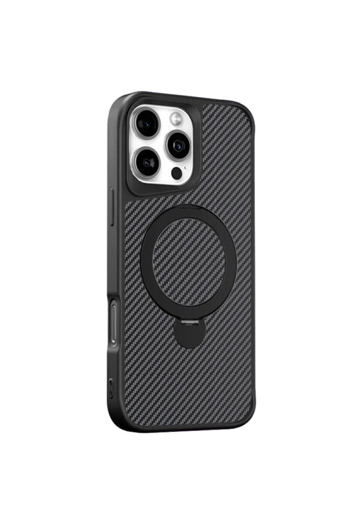 İphone 14 Pro Uyumlu Kılıf Karbon Fiber Görünümlü Magsafe Uyumlu Stand Olabilen Carbon