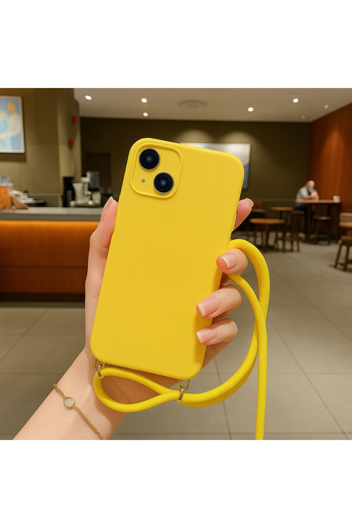 İphone 14 Uyumlu İpli Boyun Askılı Silikon Kılıf Kadife İç Yüzeyli Epiphany Kılıf Sarı