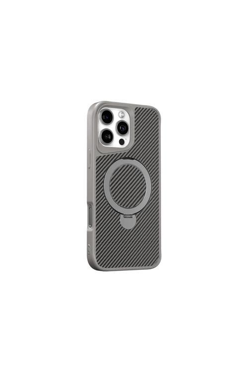 İphone 16 Uyumlu Kılıf Karbon Fiber Görünümlü Magsafe Uyumlu Stand Olabilen Carbon