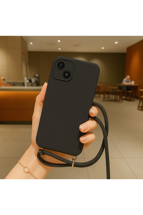 İphone 14 Uyumlu İpli Boyun Askılı Silikon Kılıf Kadife İç Yüzeyli Epiphany Kılıf Siyah