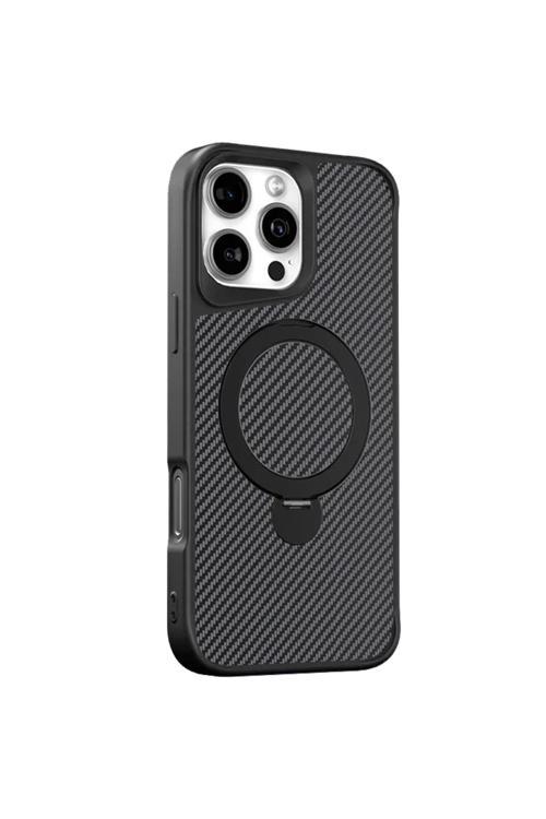 İphone 15 Plus Uyumlu Kılıf Karbon Fiber Görünümlü Magsafe Uyumlu Stand Olabilen Carbon