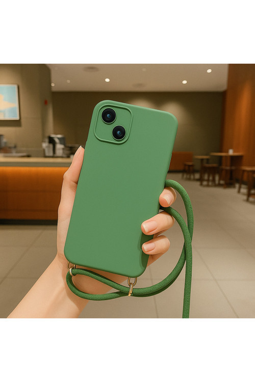 İphone 14 Uyumlu İpli Boyun Askılı Silikon Kılıf Kadife İç Yüzeyli Epiphany Kılıf Yeşil