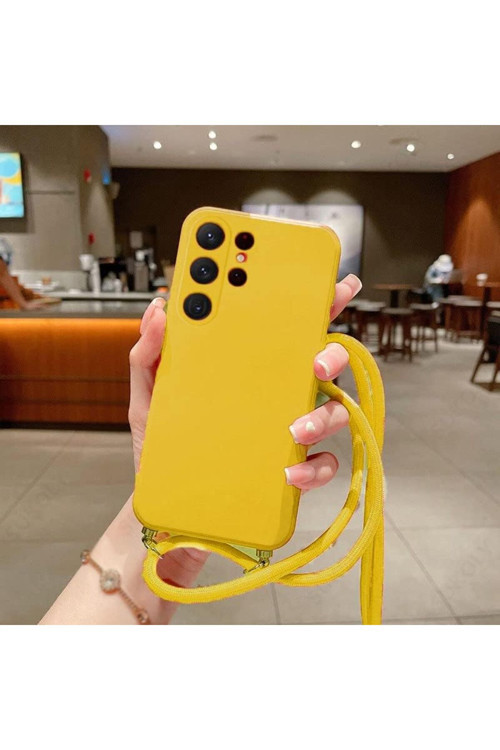 İphone 15 Plus Uyumlu İpli Boyun Askılı Silikon Kılıf Kadife İç Yüzeyli Epiphany Kılıf Sarı