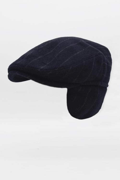Erkek Balıksırtı Desenli Yün Lacivert Kulaklı Kasket Şapka