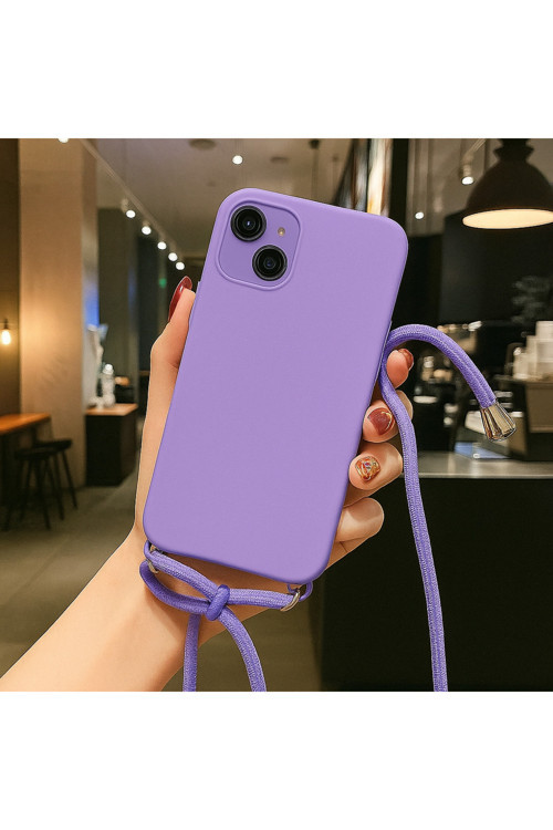 İphone 14 Uyumlu İpli Boyun Askılı Silikon Kılıf Kadife İç Yüzeyli Epiphany Kılıf Lila