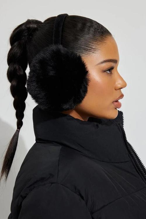 Kadın Peluş Siyah Kulaklık Yumuşak Kürklü Katlanabilir Kulak Isıtıcı