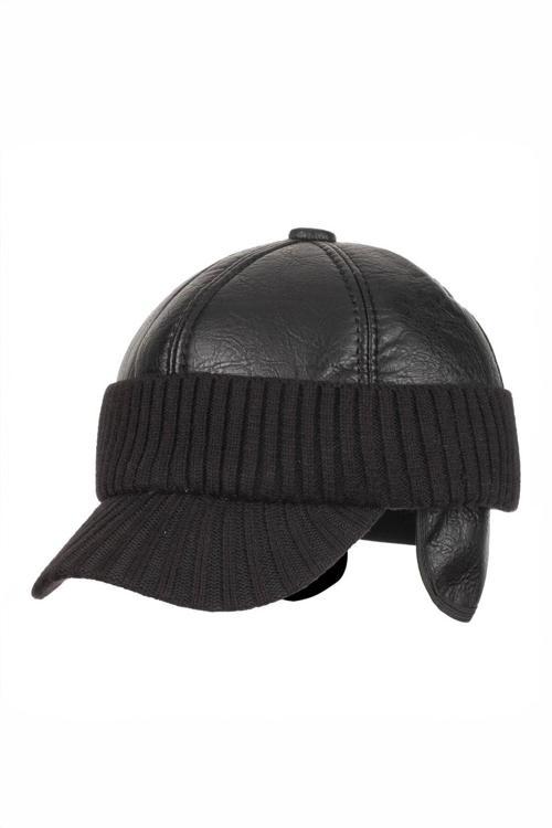 Erkek Örgü Siper Detaylı Suni Deri Kulaklı Şapka - Siyah