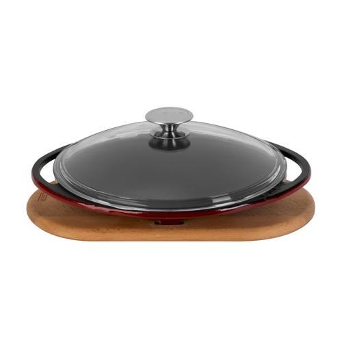 Yuvarlak Saç Kavurma Tavası Döküm Demir Yekpare Çift Kulplu Cam Kapaklı Kayın Servis Ahşabı Çap(Ø)28cm.