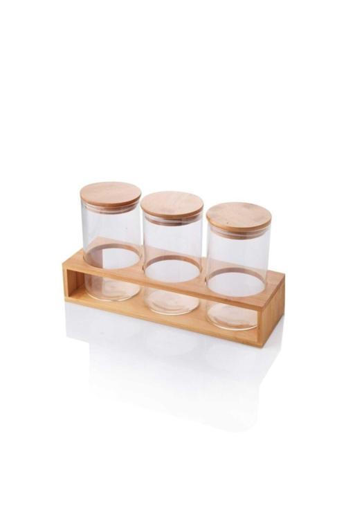 Gaozhi New Bambu Kapaklı 3 Lü Borosilikat Cam Standlı Baharatlık Yeni