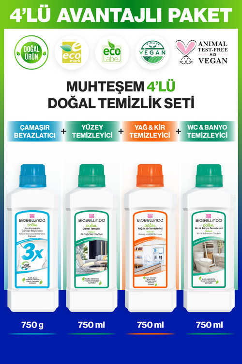 Yağ Kir Tem. 750 Ml & Çamaşır Beyazlatıcı 3X 750 Ml & Wc Banyo Tem. 750 Ml & Genel Tem.(4'Lü Set)