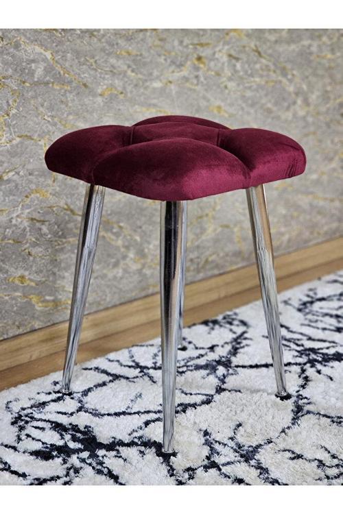 Kare Krom Kaplama Konik Ayaklı Tabure - Oturak - Bar Taburesi - Ayaklı Tabure Bordo Renk 48 x 33 Boyut/Ebat