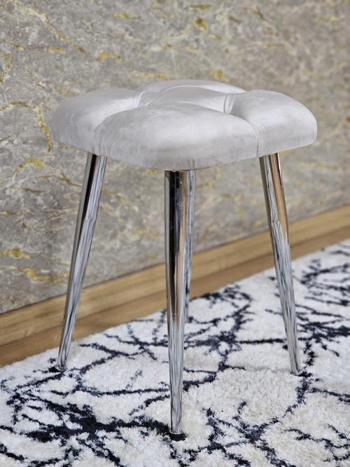 Kare Krom Kaplama Konik Ayaklı Tabure - Oturak - Bar Taburesi - Ayaklı Tabure Krem Renk 48 x 33 Boyut/Ebat