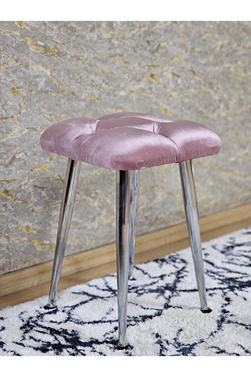 Kare Krom Kaplama Konik Ayaklı Tabure - Oturak - Bar Taburesi - Ayaklı Tabure Pembe Renk 48 x 33 Boyut/Ebat
